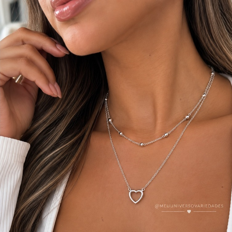 Colar duplo feminina em banhado à prata 925 e ouro 18k bolinhas e coração vazado