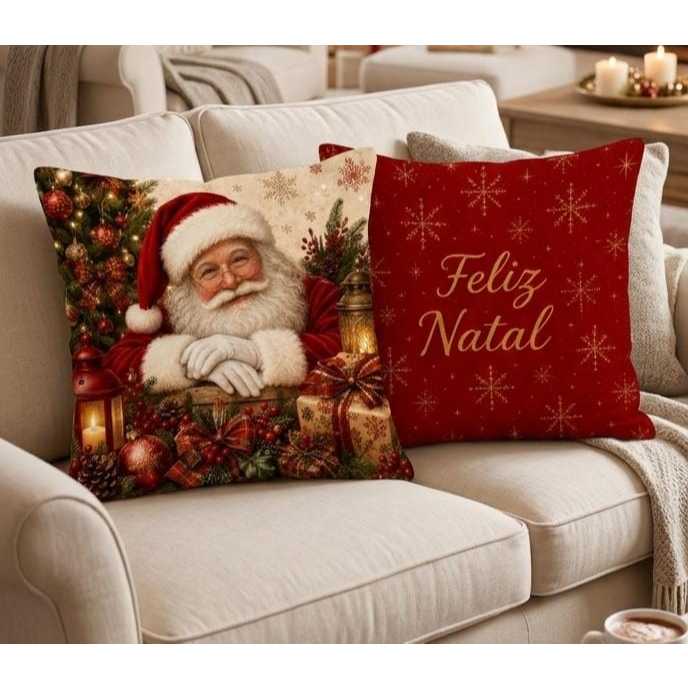 Kit 2 Capas de Almofada Decorativas 45x45cm Estampas Natalinas Decoração Natal, Feliz Natal, Papai Noel