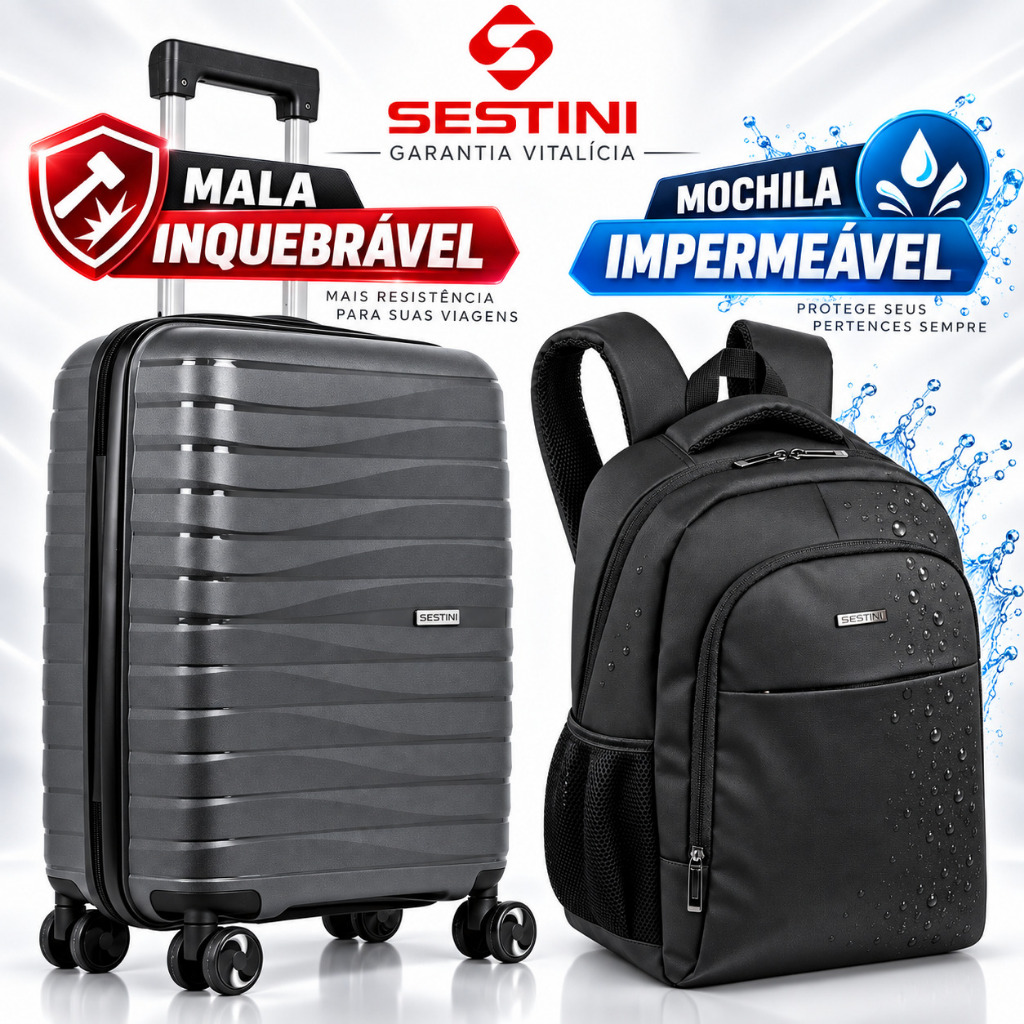 SESTINI Mala de Polipropileno Inquebrável 10kg e Mochila Impermeável ORIGINAL Padrão ANAC