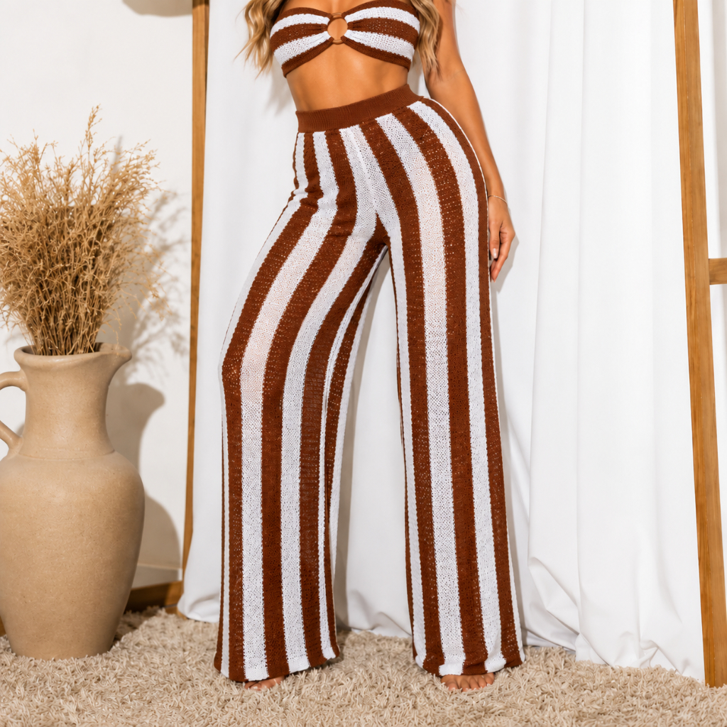 Calça Feminina Saída de Praia Tricot Listra Vertical Pantalona Crochê Listrada Tricô Verão Piscina