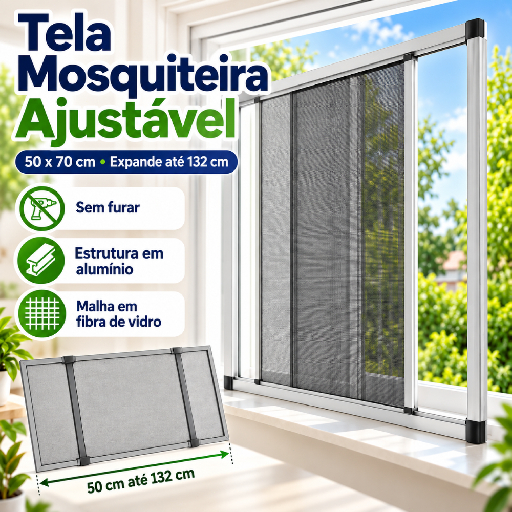 Tela Mosquiteira Regulável Ajustável Para Janelas com Perfil Alumínio Reforçado Qualidade para Janela 50x70 a 132 cm