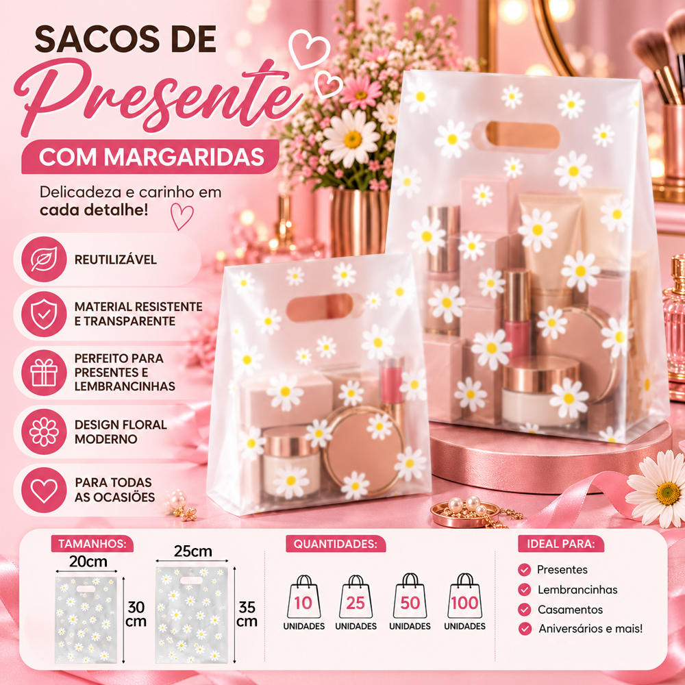 KIT Sacolas de Presente PVC Transparentes com Estampa de Margaridas Reutilizáveis para Festas 10/25/50/100 PCS
