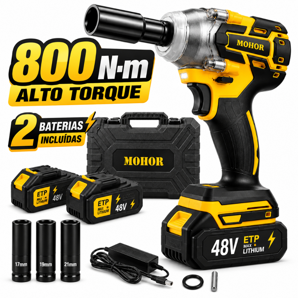 Chave de Impacto 48V 800Nm Brushless Sem Fio Profissional com 2 Baterias 3 Soquetes e Maleta