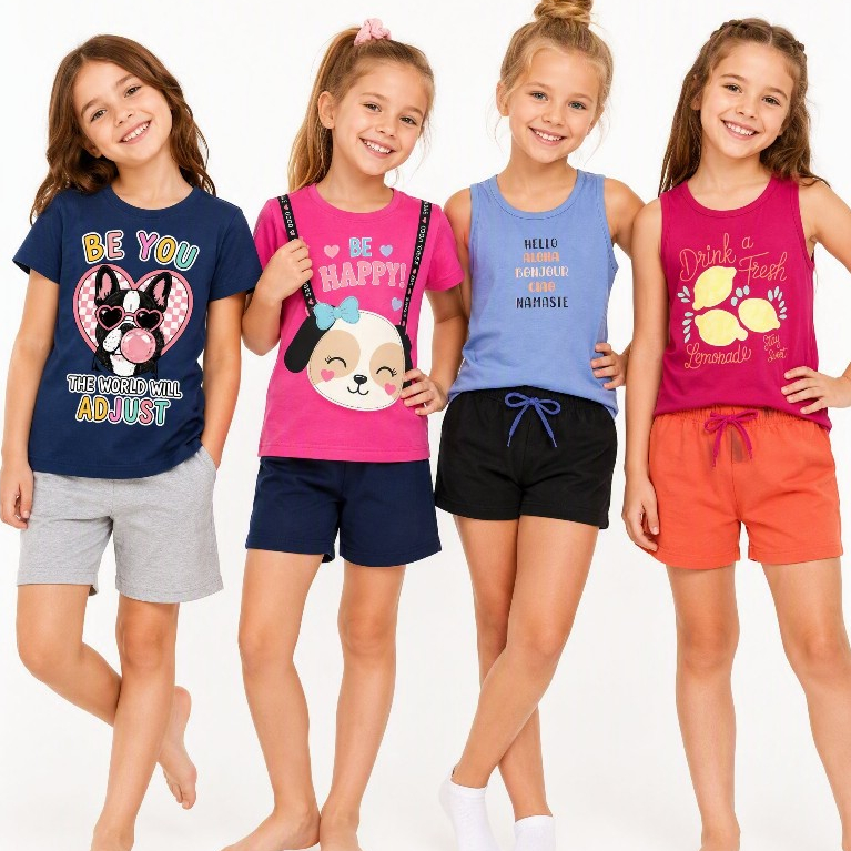Conjunto Infantil Menina Sortido Kit 4 Conjuntos Blusas e Regatas com Shorts Verão Roupa Menina 8 peças
