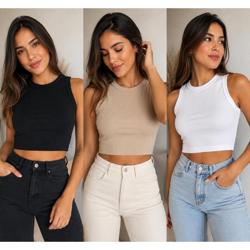 Kit 3 Cropped Feminino Canelado Academia Fitness Top Regata Básica Preto Branco Bege