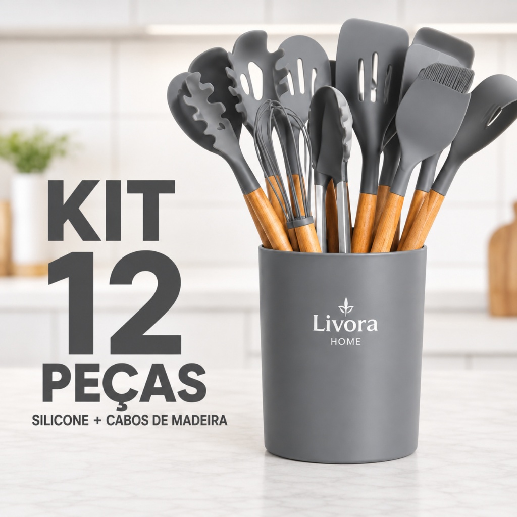 Kit 12 Utensílios de Cozinha Silicone Antiaderente com Cabo de Madeira + Suporte
