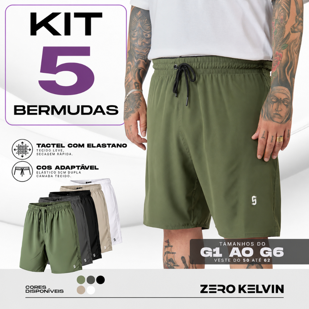 Kit 5 Bermudas Masculina Plus Size Tactel com Elastano Conforto com Elastano G1 a G6