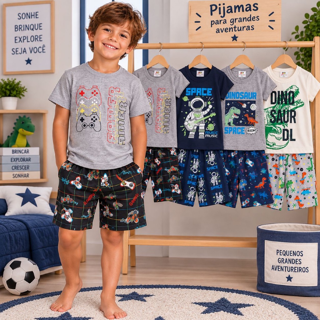 Kit 2 Pijamas Infantil Menino Verão Dinossauro, Astronauta estampados - BRILHA NO ESCURO