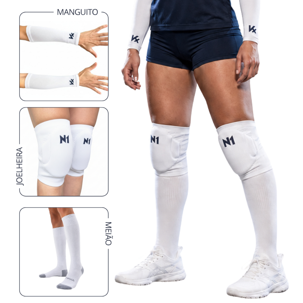 Kit Vôlei Completo Joelheira Slide N1 Sport + Manguito Curto + Meião Cano Longo Kanxa
