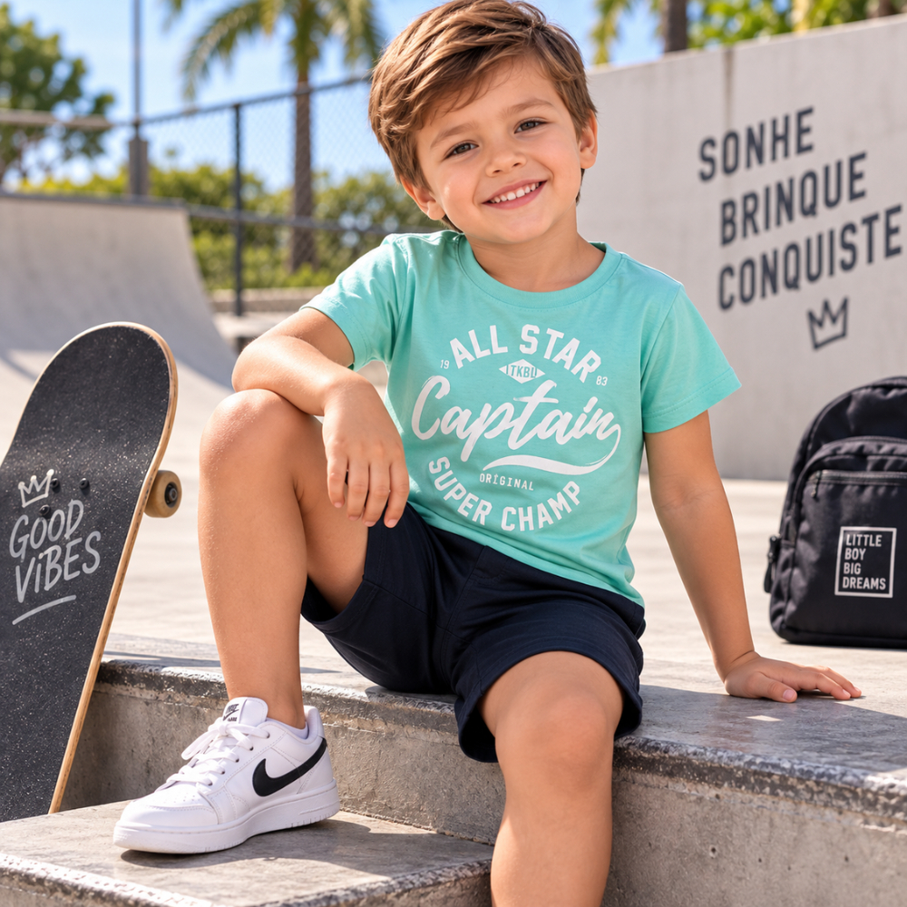 Conjunto Infantil Verão 100% Algodão  Menino Camiseta Verde Captain + Short Azul Marinho