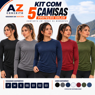 Kit 5 Camisa Blusa UV Feminina Proteção Solar UV+50 Segunda Pele Térmica P ao G3