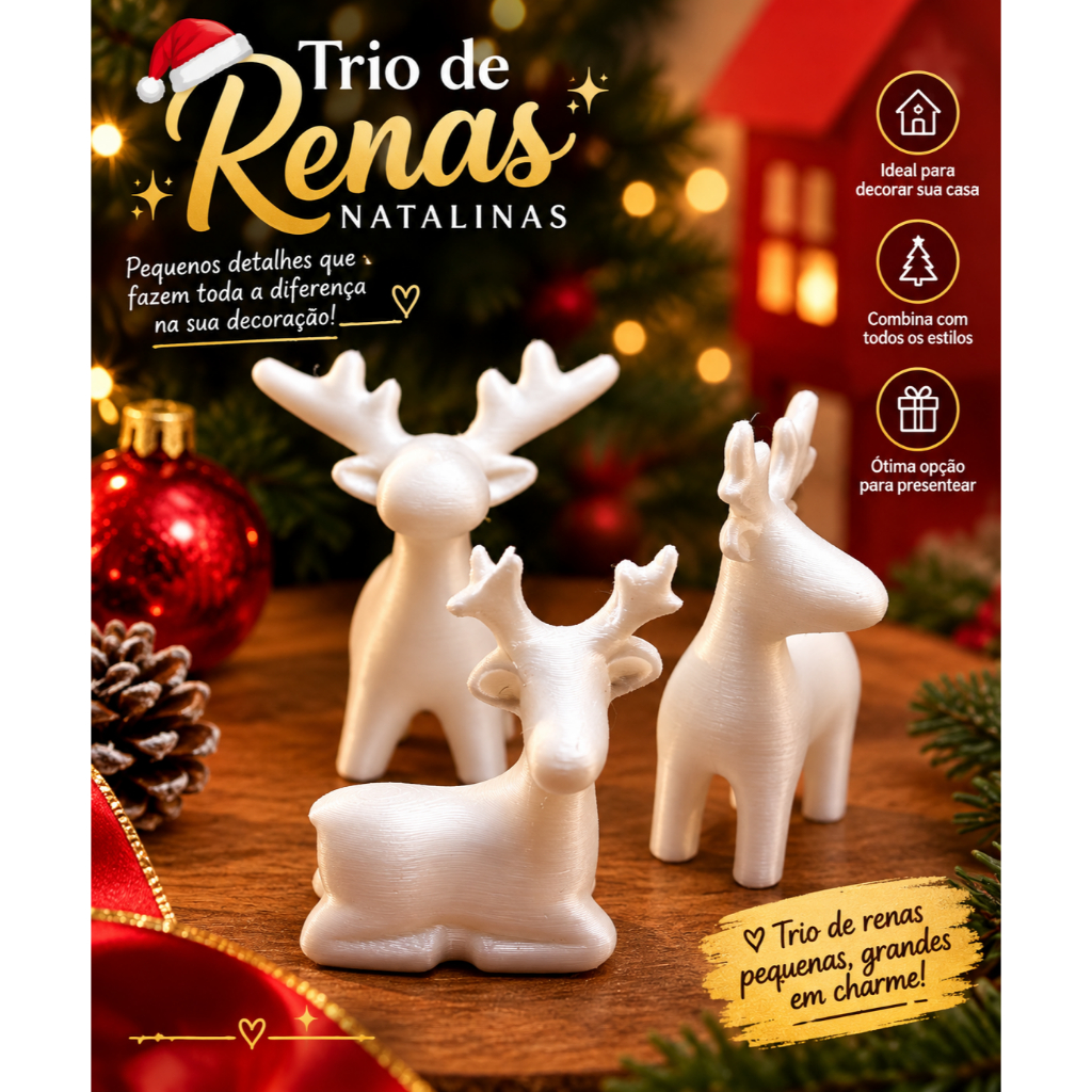 Kit Trio Renas Natalinas – Enfeite para Decoração de Natal, Exclusivo, Edição Limitada, Presente