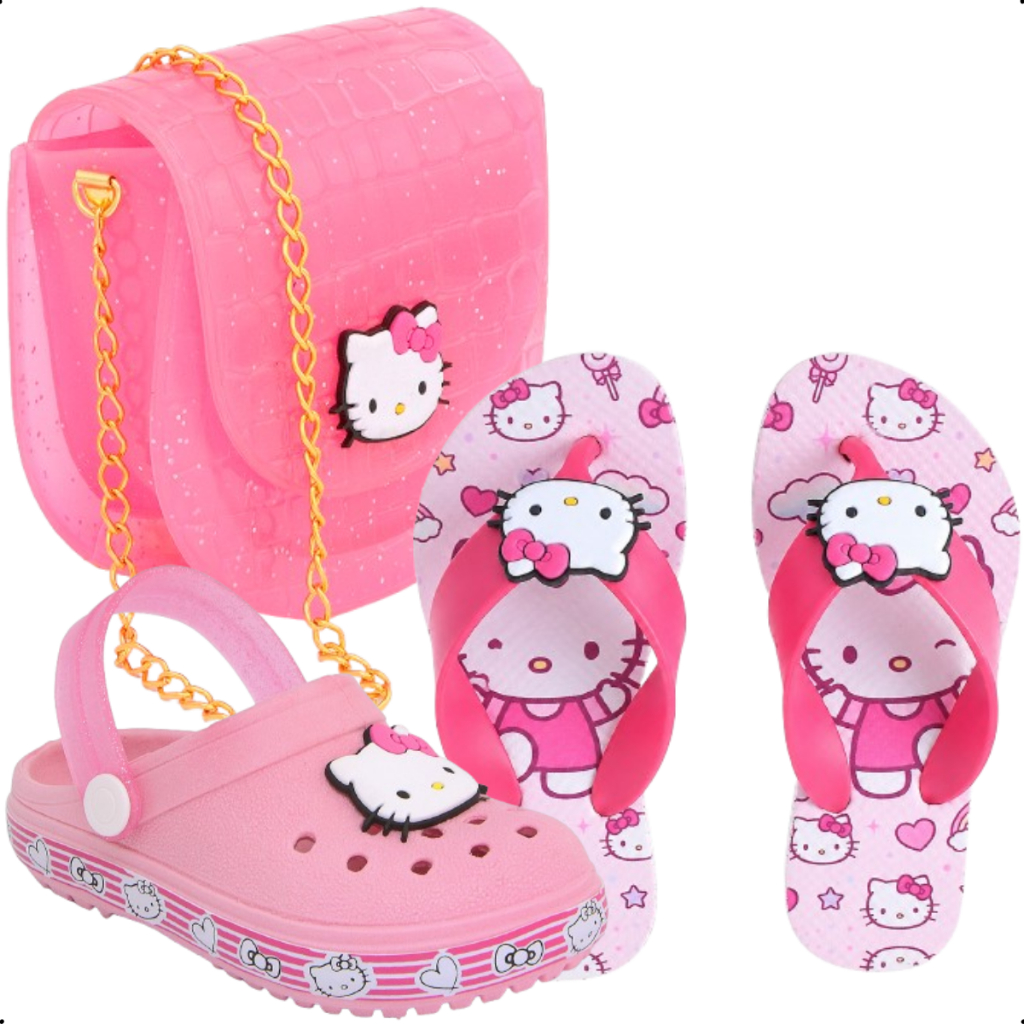 Kit Infantil Menina Rosa Babuche + Chinelo + Bolsa Feminina 3 Peças Kids Marca Mippofun