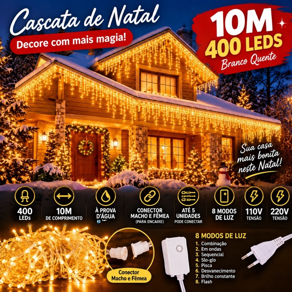 Guirlanda de Natal com LED. 10 m com 400 LEDs. À prova d’água, luz quente. 8 efeitos de luz. Para fachadas e telhados