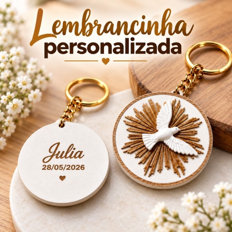 Lembrancinha personalizada chaveiro Divino Espírito Santo | Nascimento Batizado Eucaristia Comunhão
