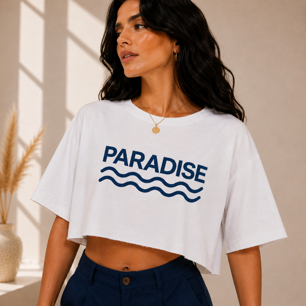 Cropped Feminino Over Paradise Frente e Costas Estampado Verão Casual 100% Algodão Confortável e Caimento Soltinho