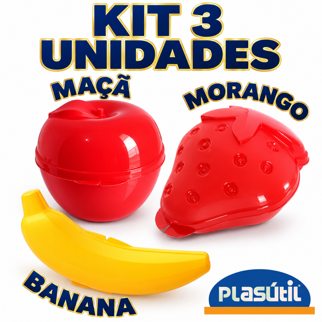 Porta Metade Frutas Banana, Maçã, Morango Plasútil Monte o Kit para sacolinha surpresa, Levar lanche, levar docinhos