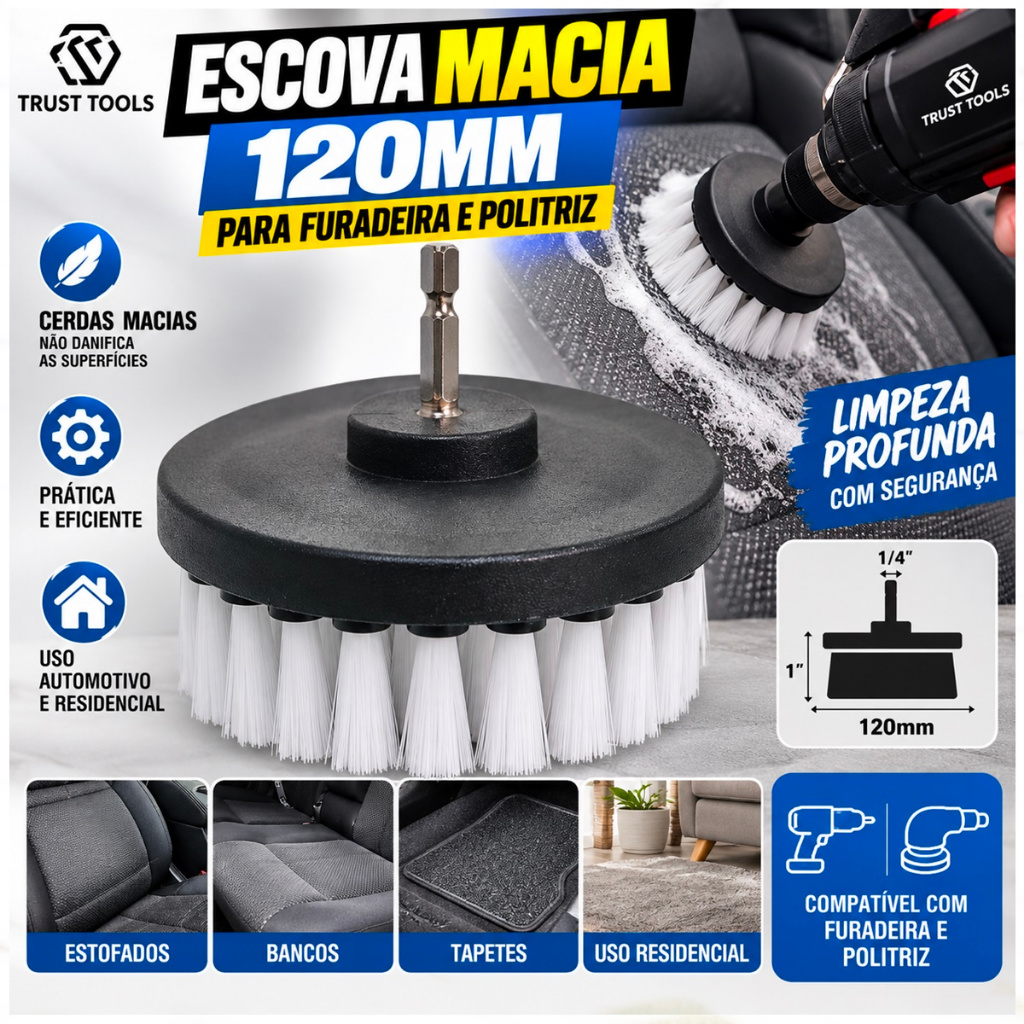 Escova Rotativa Macia 120mm Para Furadeira Politriz Estofados Limpeza Automotiva