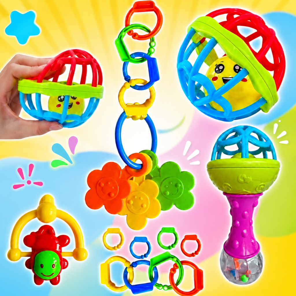 Kit 8 Brinquedos Bebe Sensorial Mordedor Chocalho Silicone Macio Presente para Menino Menina
