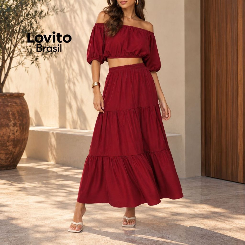 Lovito Conjunto Feminino de Top Cropped e Saia Longa Liso KSB696BRL726