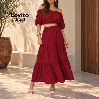 Lovito Conjunto Feminino de Top Cropped e Saia Longa Liso KSB696BRL726