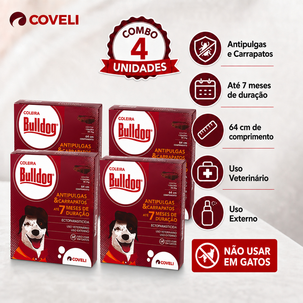 Kit 4 Bulldog Coleira Antipulgas e Carrapatos Coveli para Cães - 64 cm