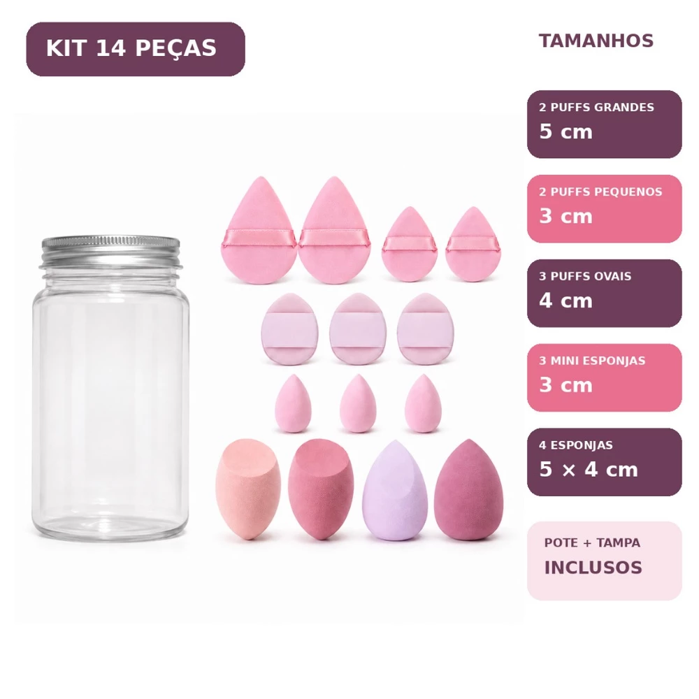 14 Peças Kit Esponja de Maquiagem com Puff Mini e Pote Organizador para Base Corretivo e Pó
