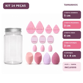 14 Peças Kit Esponja de Maquiagem com Puff Mini e Pote Organizador para Base Corretivo e Pó