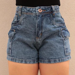 Shorts Jeans Feminino Cargo Cintura Alta Com Bolsos Empina Bumbum