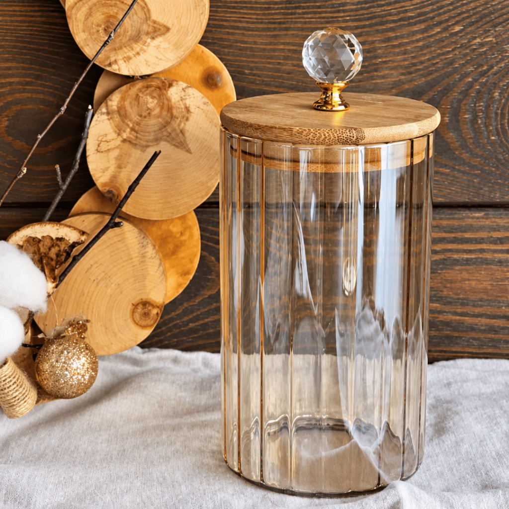 Pote de Vidro Dourado com Tampa Bambu MÉDIO 750ML cozinha Porta temperos