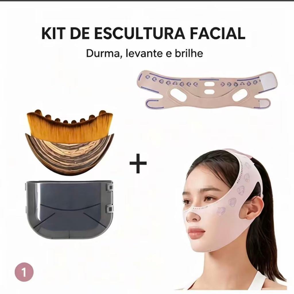 Kit Escultura Facial Máscara Lifting V-line + Escova de Massagem em Madeira, Acessórios para Drenagem e Contorno Facial
