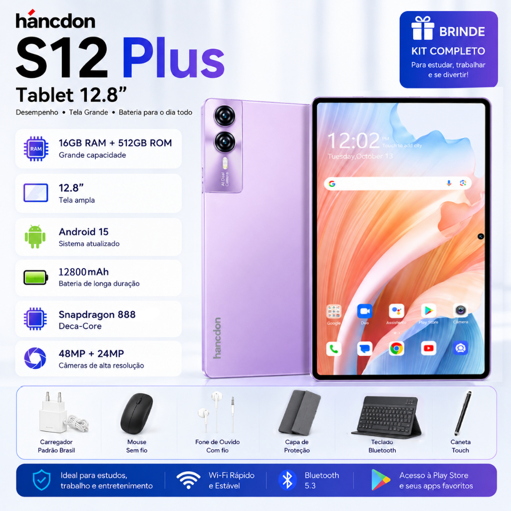 Hancdon Tab S12 Plus 12.8"Tela FHD [16+512GB] | Bateria 12,800mAh | WiFi/5G LTE Ideal para estudos e entretenimento