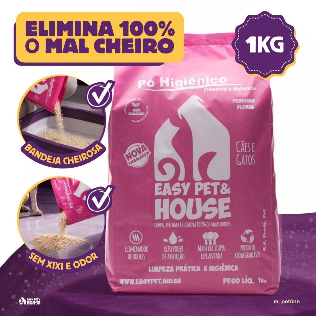 Pó Higiênico 1kg Floral Antiodor Seca Xixi Cães e Gatos EasyPet Limpeza Fácil com Ação Bactericida