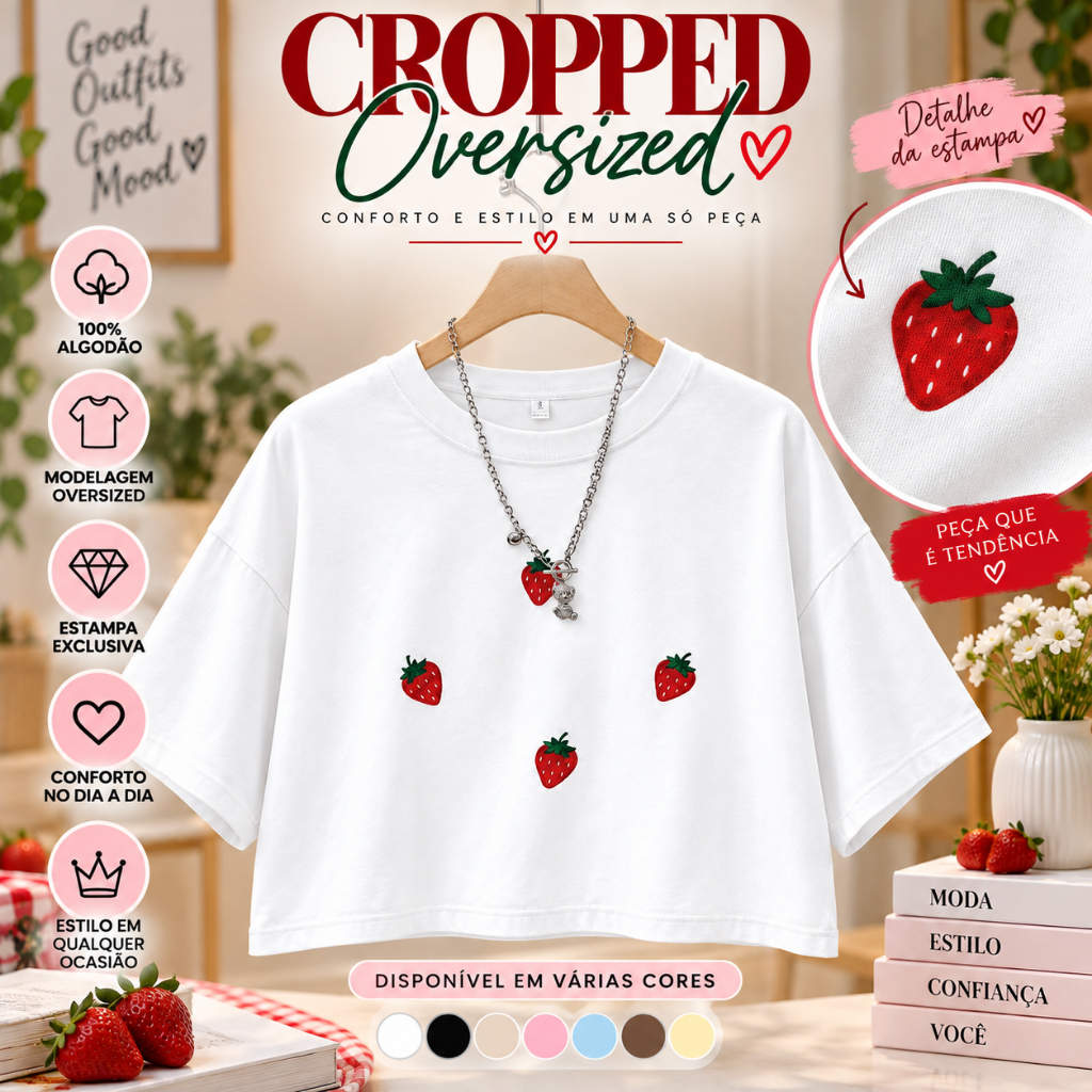 Cropped Feminino Oversized Moranguinho 100% Algodão Estampa Delicada Moda Casual Tendência Confortável Manga Curta