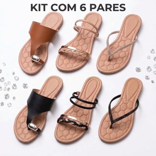Kit 6 Pares Sandália Rasteirinha Feminina Confortável Kit Rasteirinha Anel Trançada Strass Borboleta