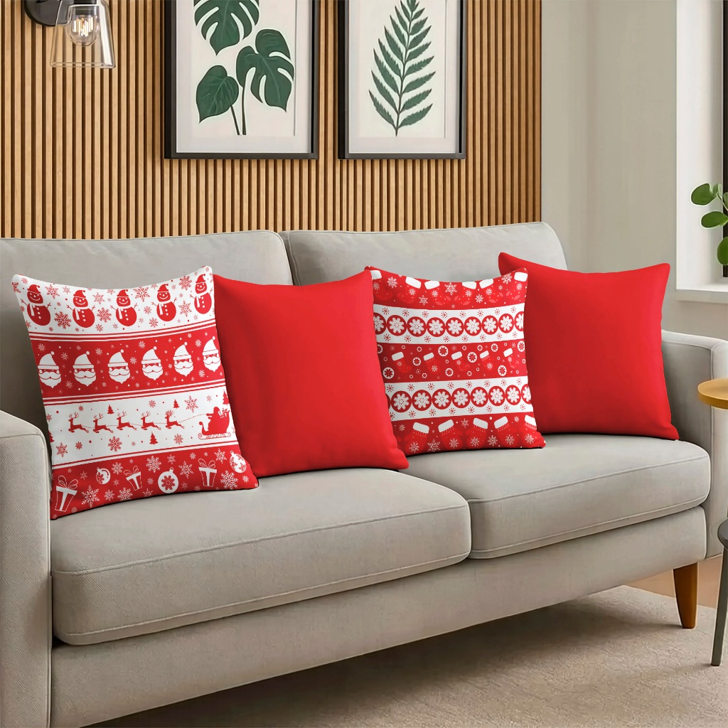 Kit 4 Capas Almofadas Personalizada Sala Decorativa Bonecos De Neve Natal Listrado Branco E Vermelho