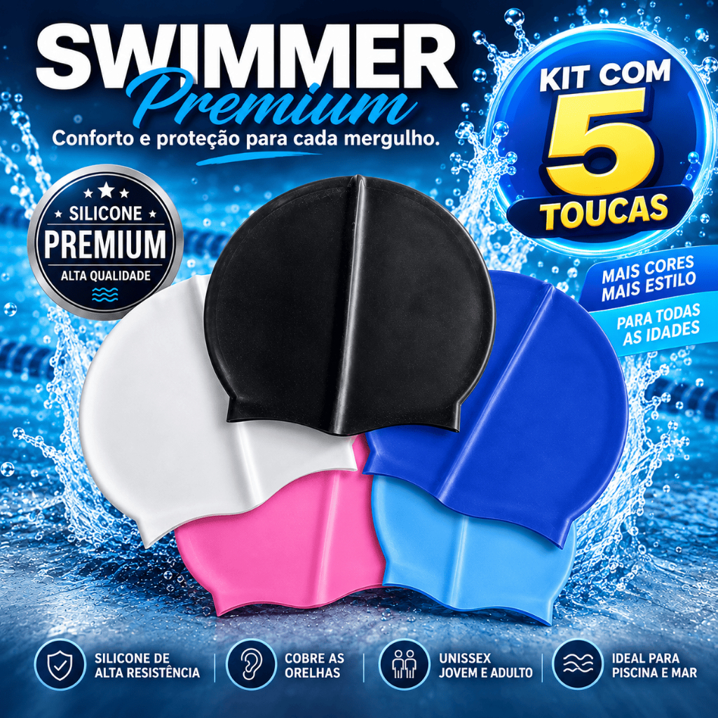Kit 5 Toucas de Natação Silicone Premium SWIMMER Juvenil e Adulto Unissex Piscina Hidroginástica Alta Elasticidade