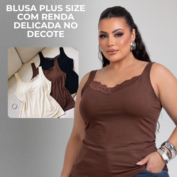 Blusa Plus Size e Midi Size Forro Duplo Suplex Premium Alças Grossas Com Renda no Busto Modela o Corpo Alta Compressão