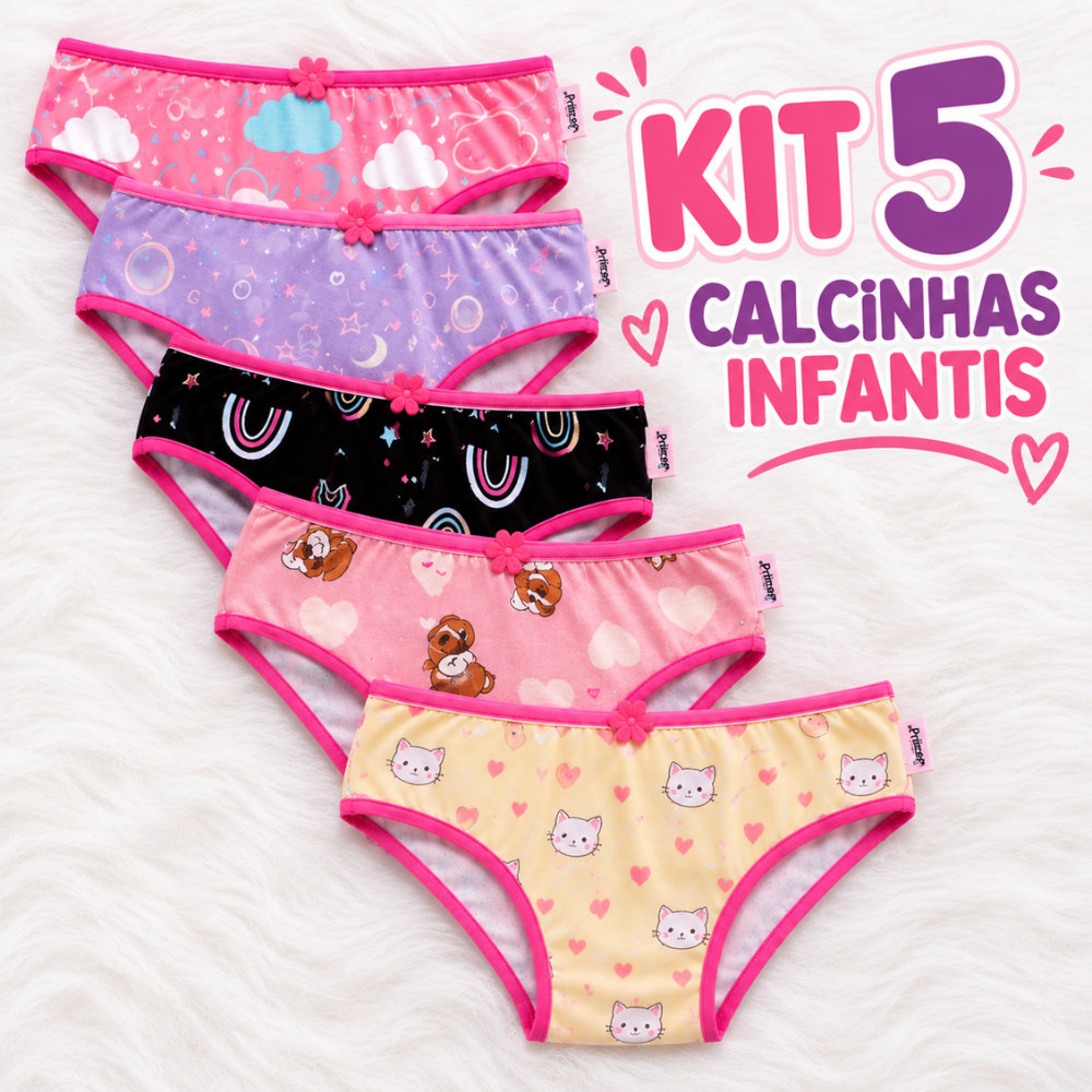 Kit 5 Calcinhas Infantil Menina Forro 100% Algodão Confortável Tecido Suede Estampas Variadas
