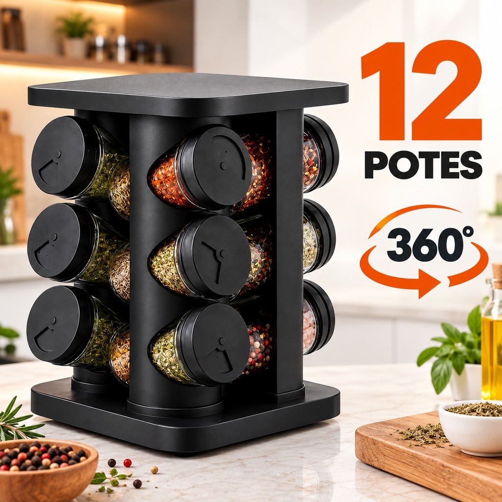 Porta Temperos Condimentos 12 Unidades Potes Vidro Base Giratória Preto Organizador Cozinha Dosador