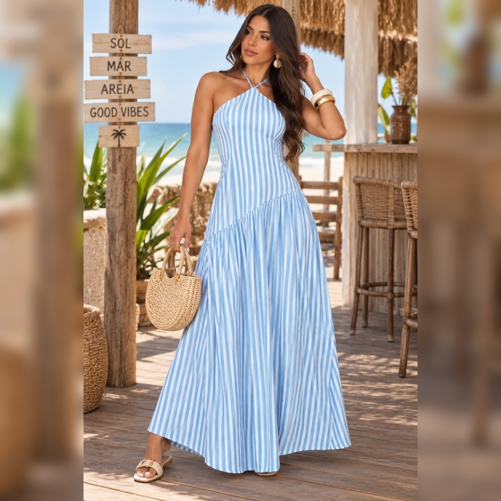 Vestido Longo Listrado em Viscose Festas Eventos Dia a Dia