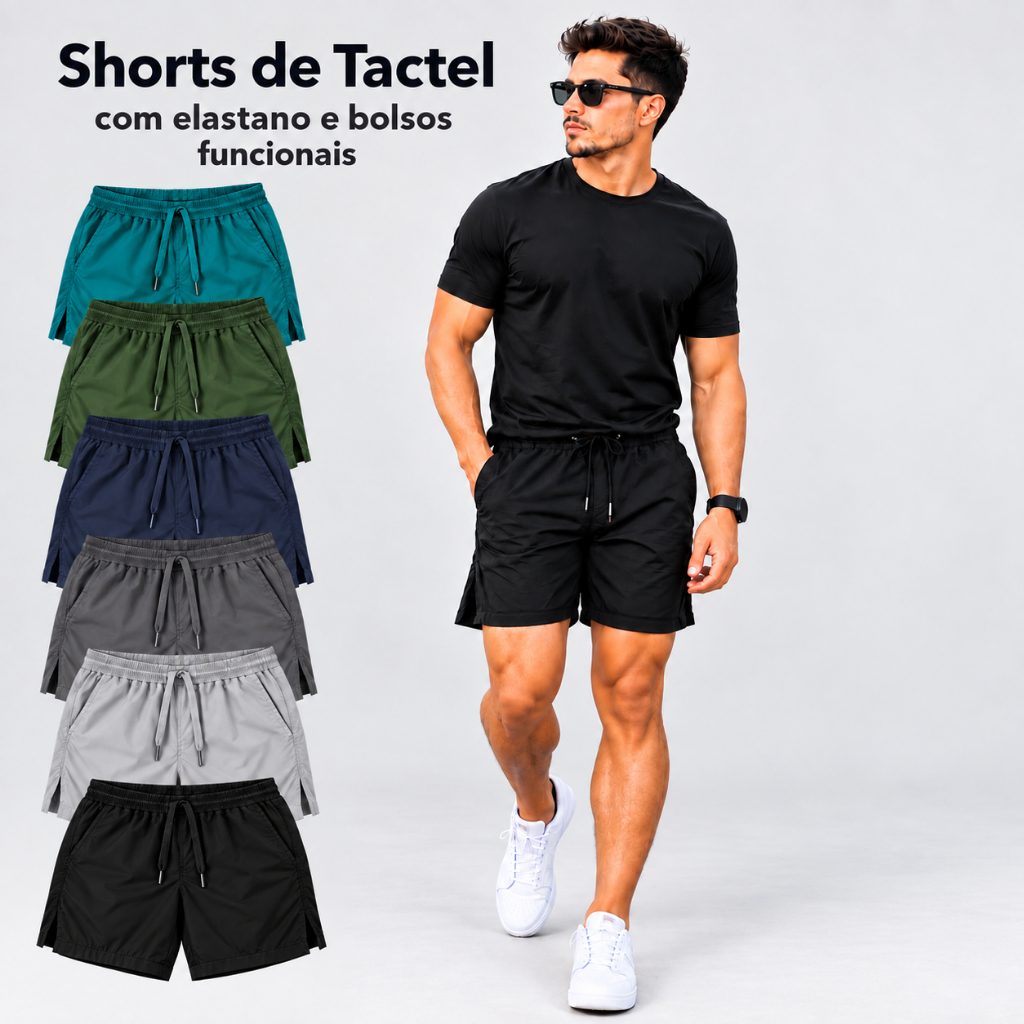 Shorts de Tactel com ELASTANO Adulto masculino. Shorts de praia, mauricinho, 3 bolsos funcionais com ajuste