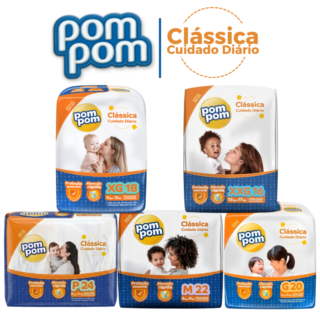Fralda Descartável Infantil Pom Pom Clássica Jumbo Tamanho P M G XG XXG - Variação
