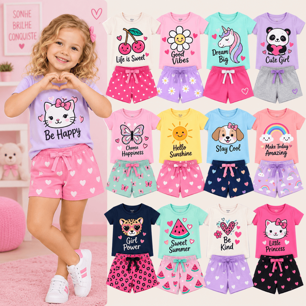 Kit 3 Conjuntos Sortidos 6 Peças Coleção Verão Infantil Feminino/Menina Blusas + Shorts Infantil 100% Algodão 1 ao 8 Ano