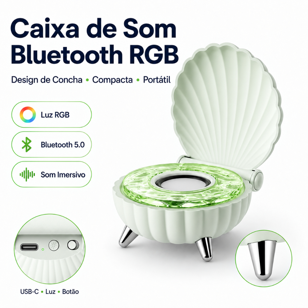 Caixa de Som Bluetooth Concha com Luz LED RGB Portátil para Quarto e Decoração