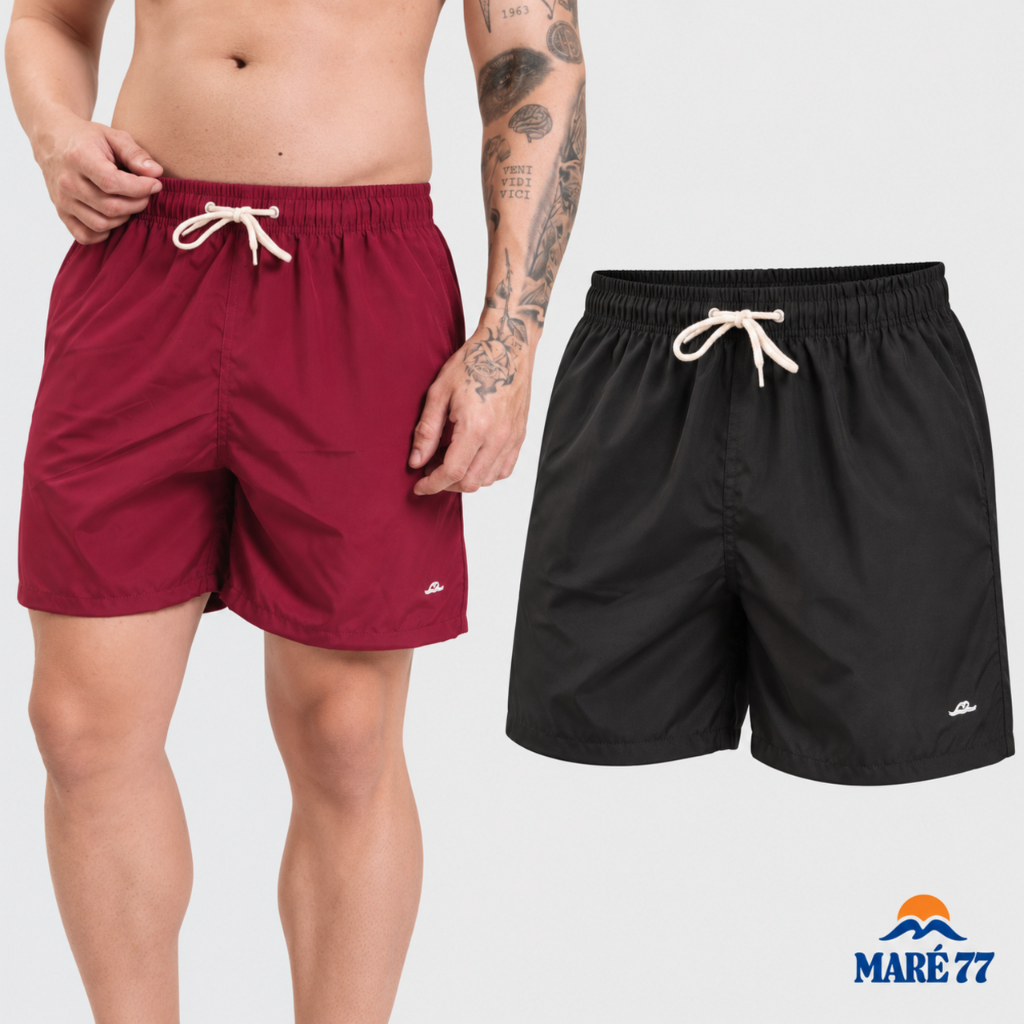 Kit 2 Short Masculino Tactel com Elastano Bermuda Caminhada Academia Esportiva Bolsos Bordado Cordão Cru Ajustável Liso
