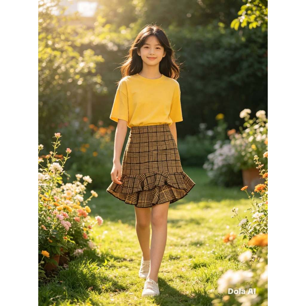 Saia Juvenil Feminina, Malha Peplum, Cor: Xadrez (Amarelo/Preto) Tam: 14-P, Bethy.bethy
