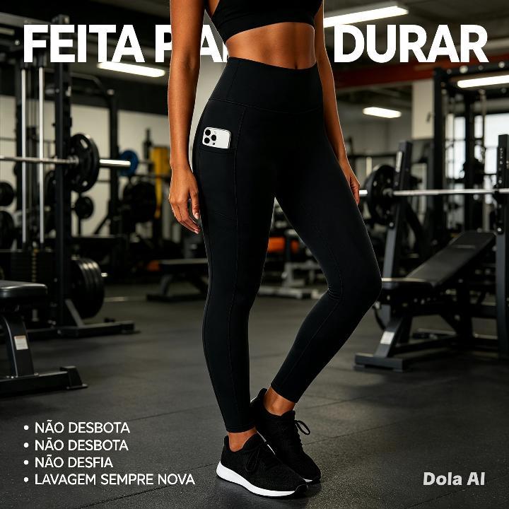Calça Legging Feminina Cintura Alta com Bolso Lateral Suplex Grosso Preta Academia Fitness Sem Transparência