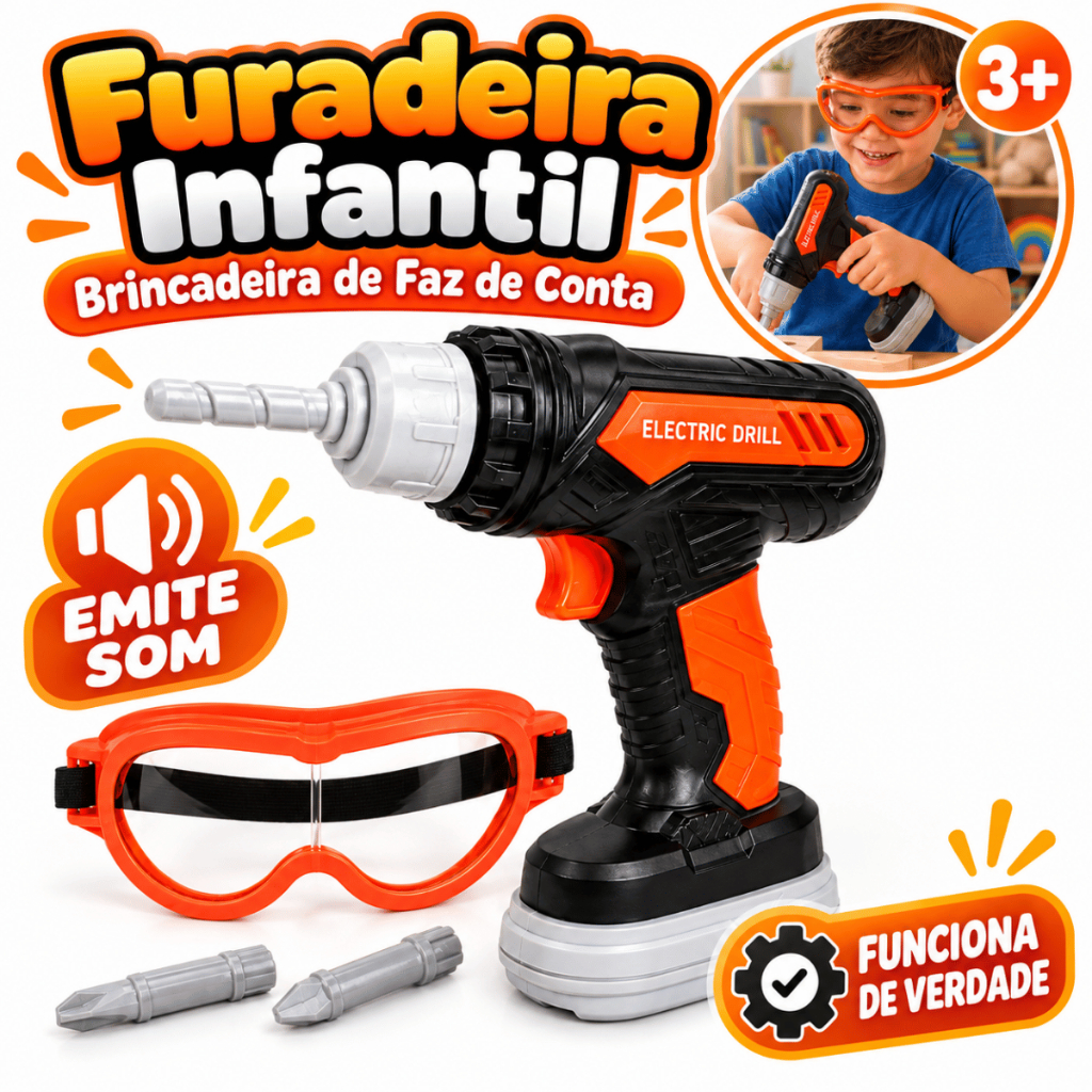 Furadeira Infantil Elétrica Brinquedo Óculos Som Realista