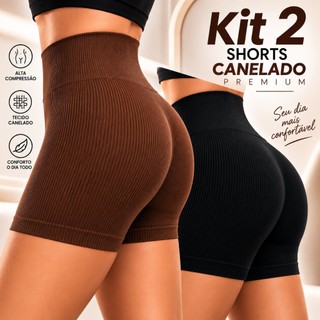 Kit 2 Shorts Canelado Cintura Alta Sem Costura para Academia Zero Transparencia Feminino Fitness Alta Compressão